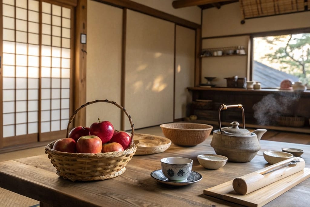 Traditional Japanese kitchen setting with fresh apples and pastry-making tools