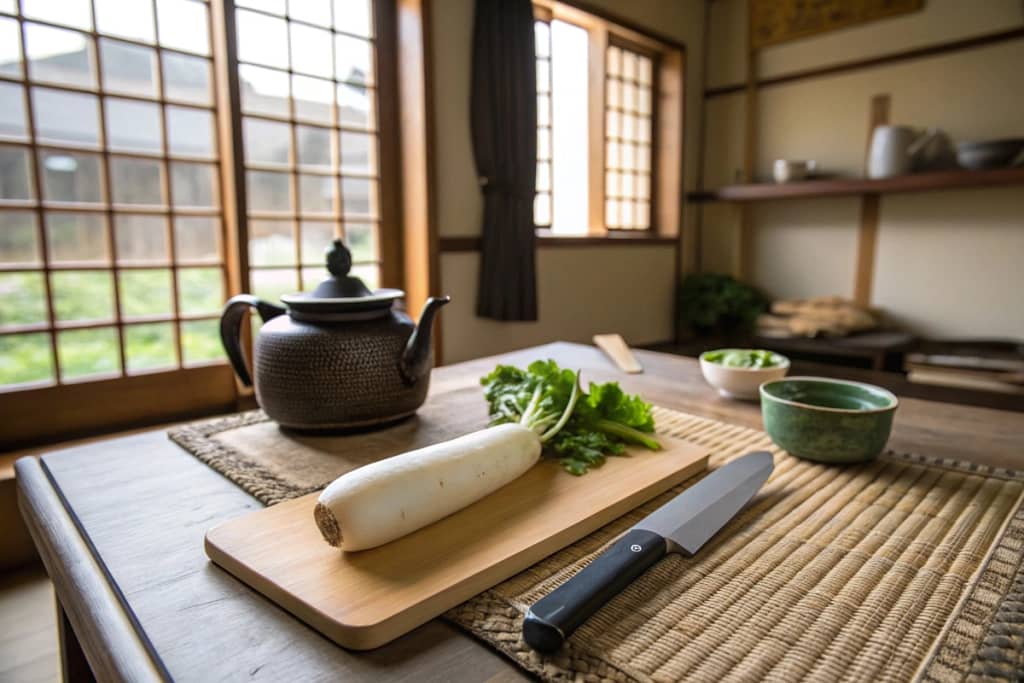 A whole daikon radish on a wooden table, ready for slicing and preparation.