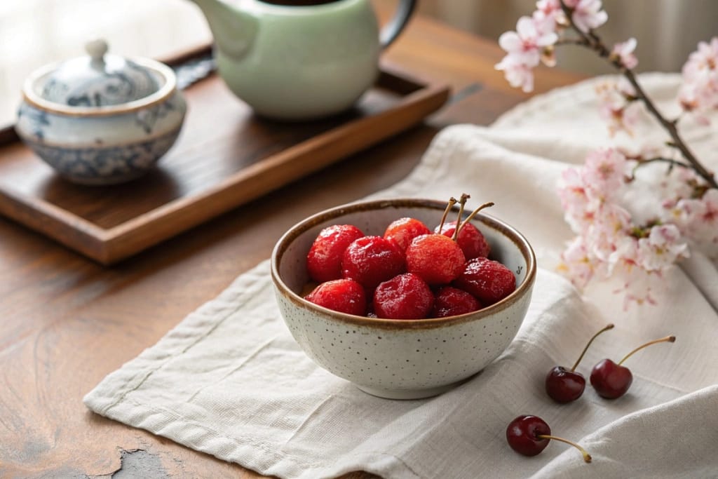 Fresh Japanese dogwood fruits in a ceramic bowl, ready for dessert preparations.