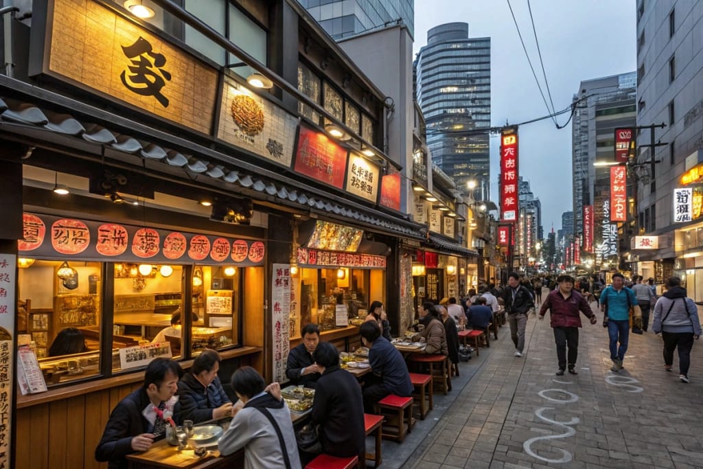 An international cityscape featuring diverse Japanese restaurants like sushi bars and ramen shops, highlighting the global presence and popularity of Japanese cuisine.