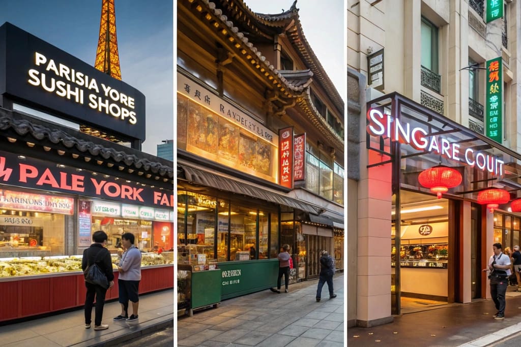 A collage of international locations—Paris, Singapore, and New York—where Japanese fake food displays attract diverse audiences.