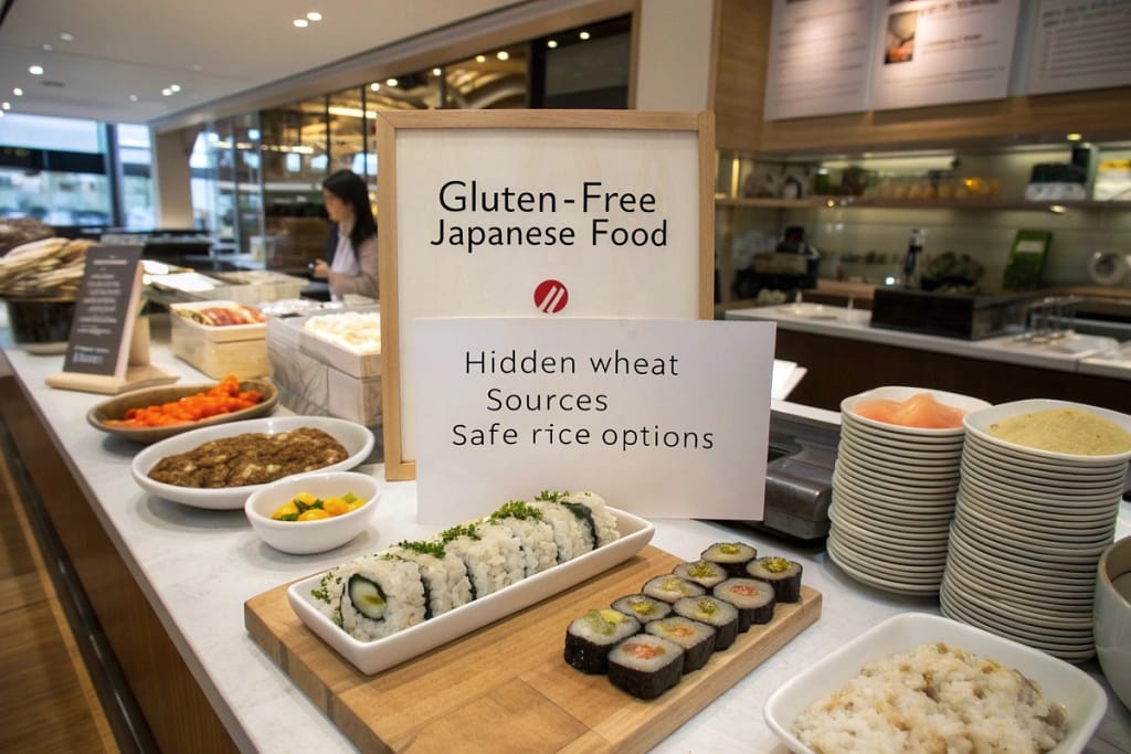 An FAQ display addressing common queries about gluten free japanese food, from hidden wheat sources to safe rice considerations.