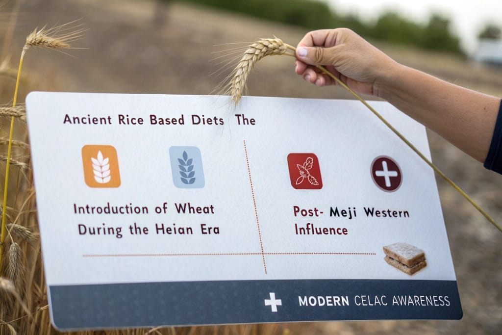 A timeline tracing wheat’s gradual integration into Japanese cuisine and the emergence of gluten-free awareness in modern times.