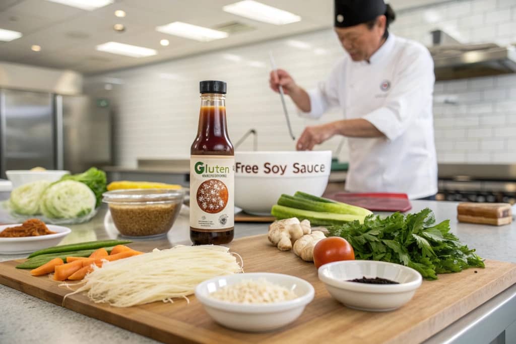 An array of gluten-free Japanese ingredients arranged on a kitchen counter, emphasizing tamari soy sauce, rice noodles, and fresh produce for celiac-friendly meals.