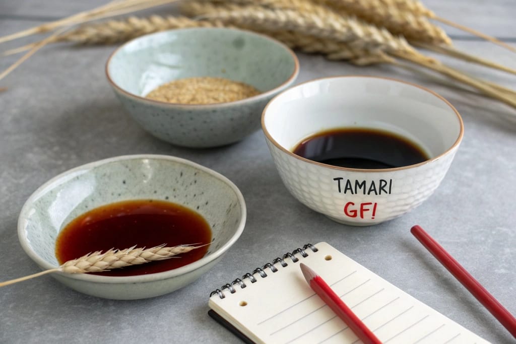 Comparative scene highlighting standard soy sauce versus tamari, illustrating how tamari can serve as a gluten-free alternative in Japanese dishes.