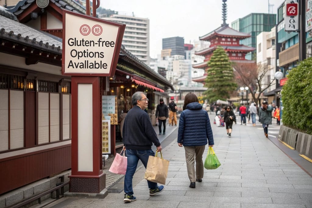 A vibrant Tokyo street corner featuring a modest eatery advertising gluten-free meals, showcasing how celiac-friendly dining spots now dot Japan’s capital.