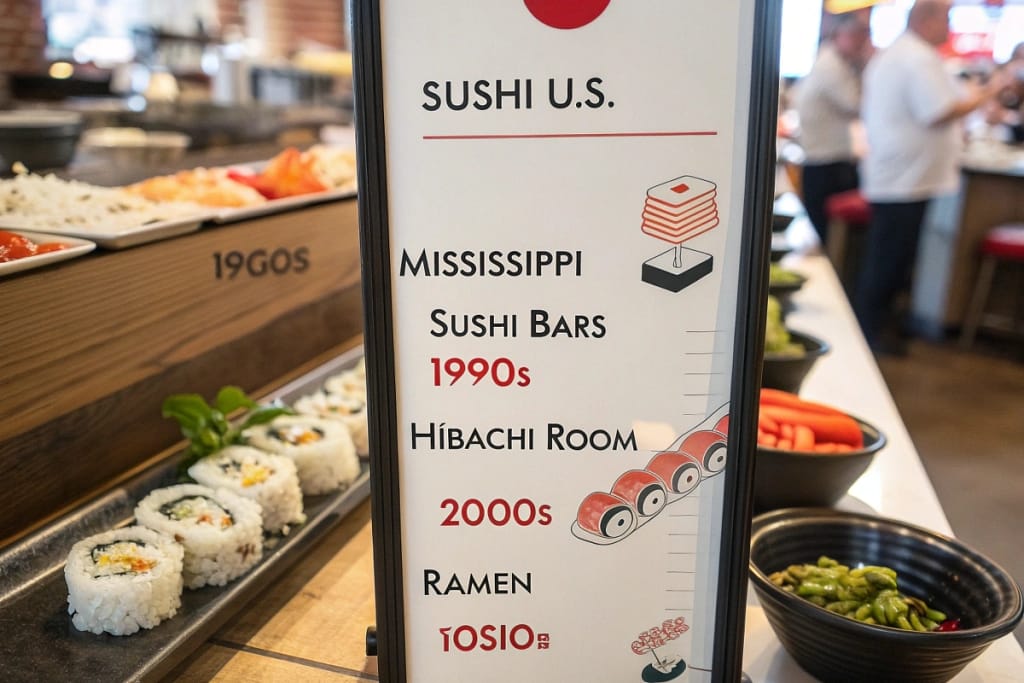 A concise visual timeline showing Japanese food’s progression from West Coast sushi trends to Flowood’s vibrant scene, highlighting major culinary milestones.