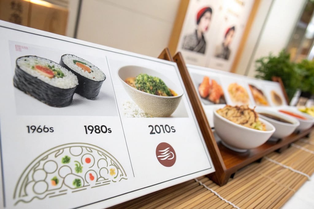 A timeline illustrating pivotal moments of Japanese cuisine’s rise in the United States, from sushi’s early days to today’s fusion trends.