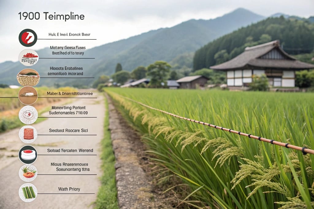 A timeline depicting the evolution of Japanese food from its agricultural roots to modern globalization, highlighting key historical milestones and cultural influences.