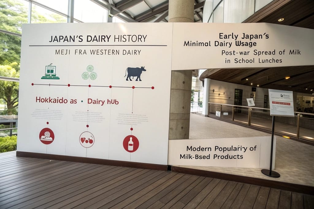 A concise timeline tracking Japan’s dairy journey from pre-Meiji minimal usage to the current popularity of Hokkaido milk.