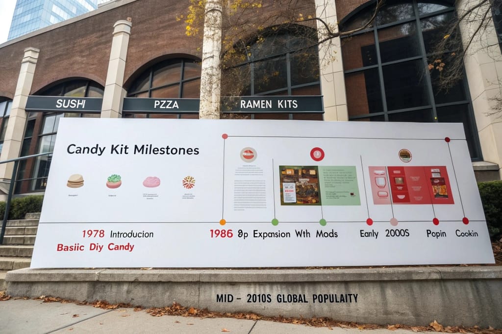 A chronological representation of how Japanese candy kits evolved from simple powdered sweets into complex mini meal replicas.