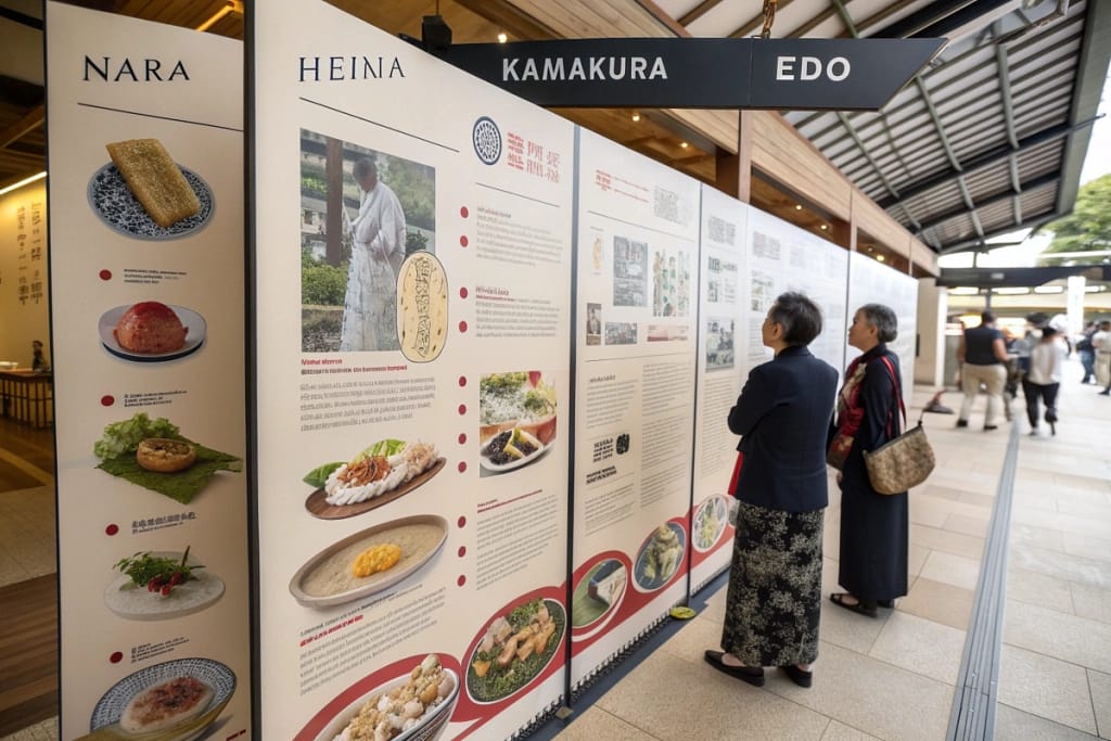 A timeline graphic highlighting key periods in Japanese history alongside corresponding culinary developments, such as sushi and tempura.