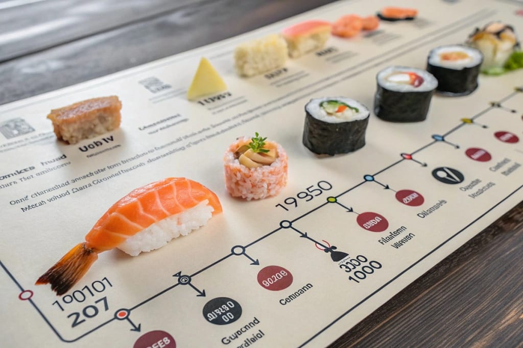 A concise timeline illustrating how fake Japanese food progressed from wax prototypes to today’s advanced plastic and resin displays.