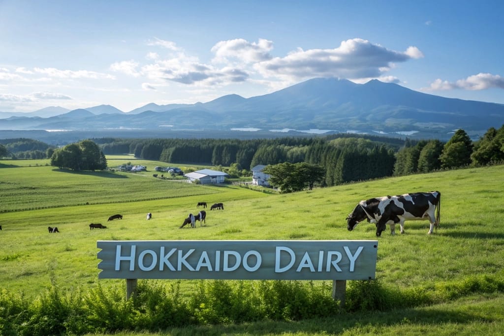 A scenic dairy farm in Hokkaido where cows graze peacefully on vibrant grasslands, illustrating the source of premium Japanese milk.