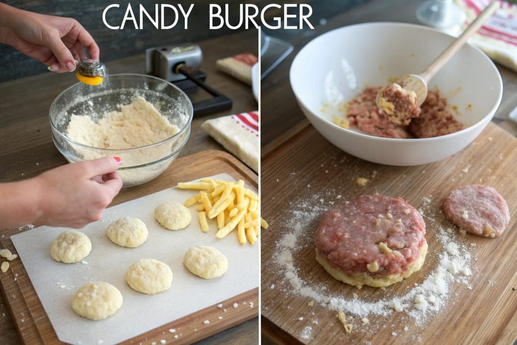 A multi-panel collage depicting how each candy element—bun, patty, cheese, fries—is formed from powders and then combined into a mini burger meal.