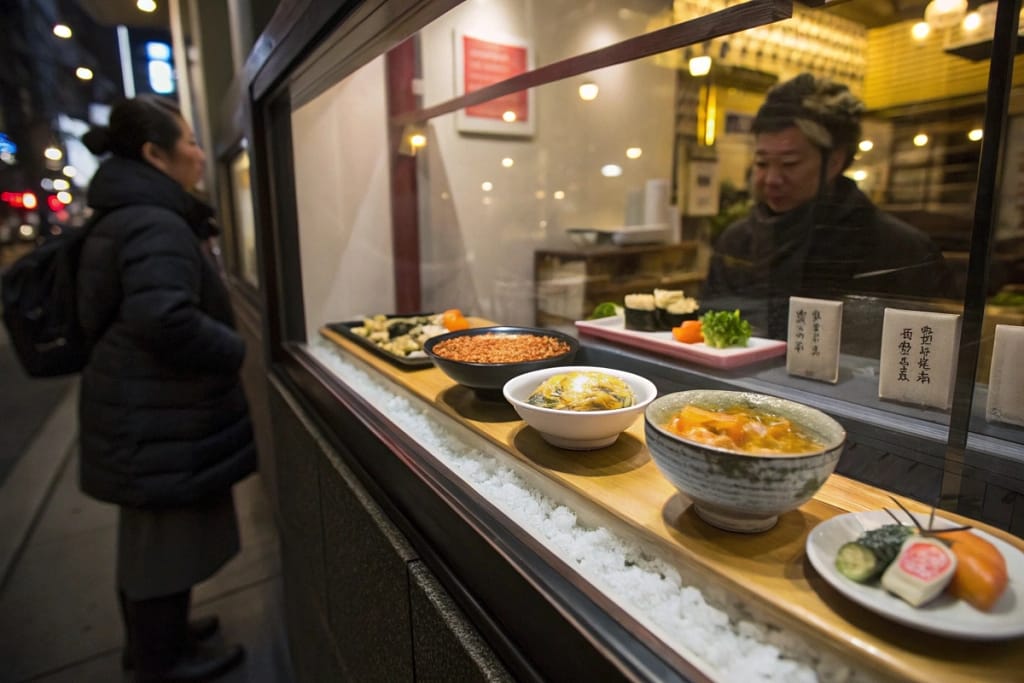 A display of assorted Japanese fake food samples (sushi, ramen, curry) under warm lighting in a restaurant window.