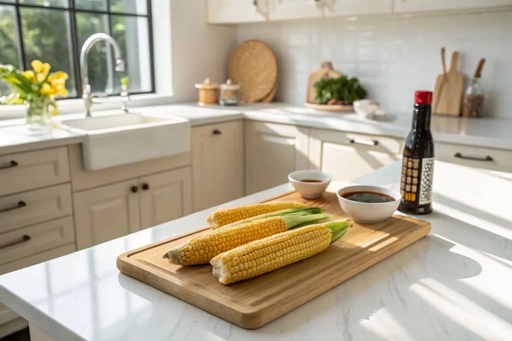 A welcoming scene introducing Japanese corn recipes with fresh corn, miso paste, and soy sauce in a bright, modern kitchen.