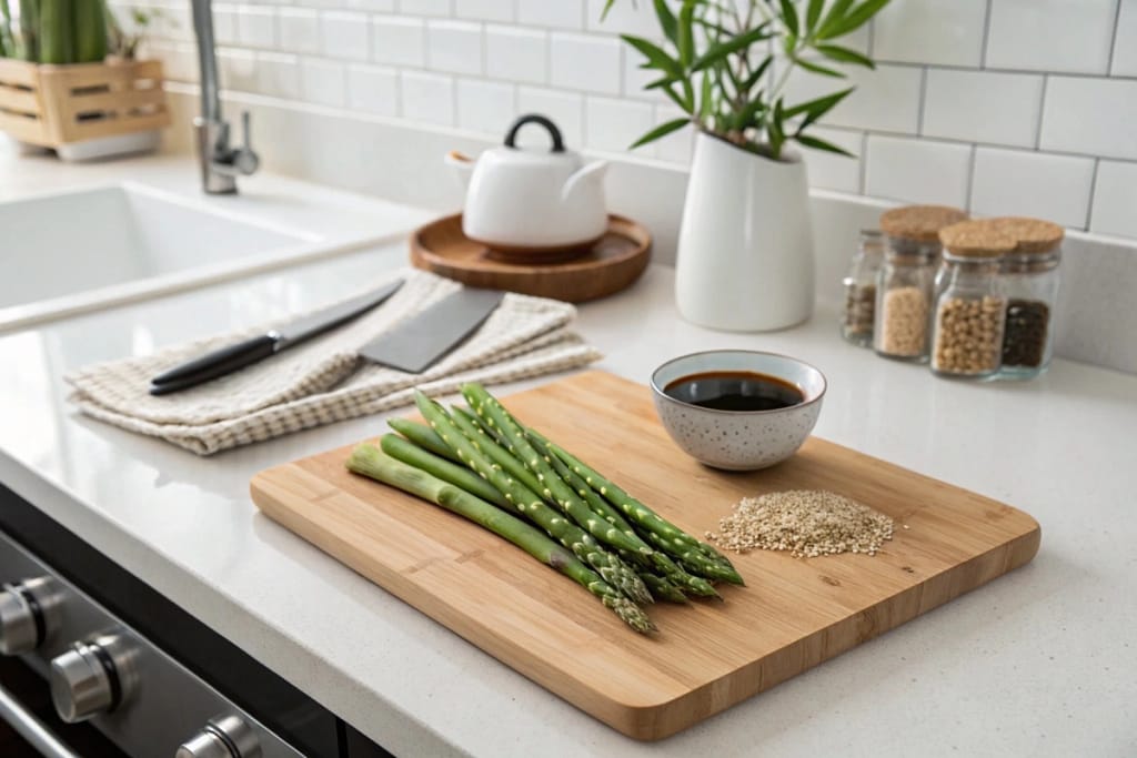 Fresh asparagus, soy sauce, and sesame seeds arranged on a Japanese kitchen countertop.