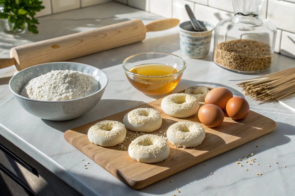 Ingredients for Japanese bagels, including mochi flour, eggs, honey, and sesame seeds, arranged on a kitchen countertop.