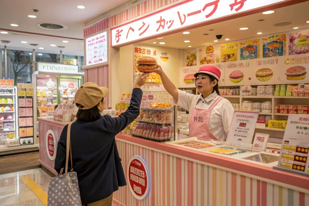 A friendly candy-store setting featuring an FAQ station, with a staff member showcasing a Japanese burger candy kit to an interested customer.