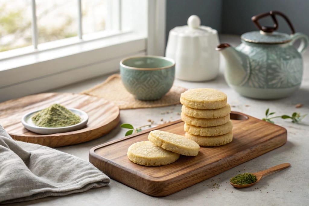 A stack of delicate Japanese butter cookies arranged on a wooden board with matcha and teapot.