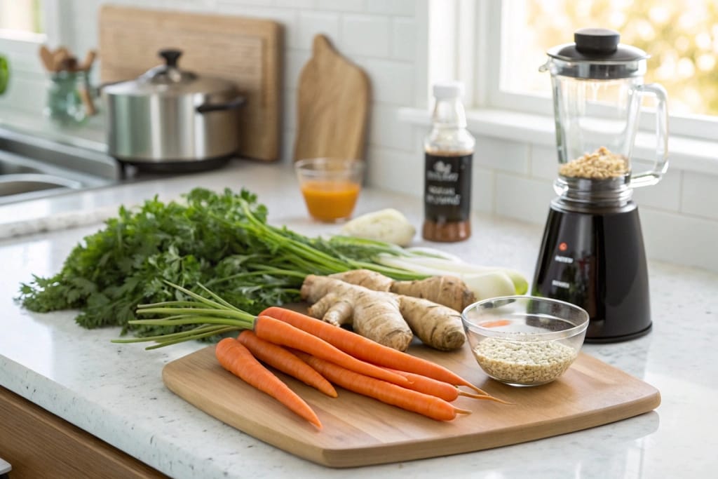 Fresh carrots, ginger, and Japanese seasonings arranged on a kitchen counter, ready for making carrot ginger dressing.