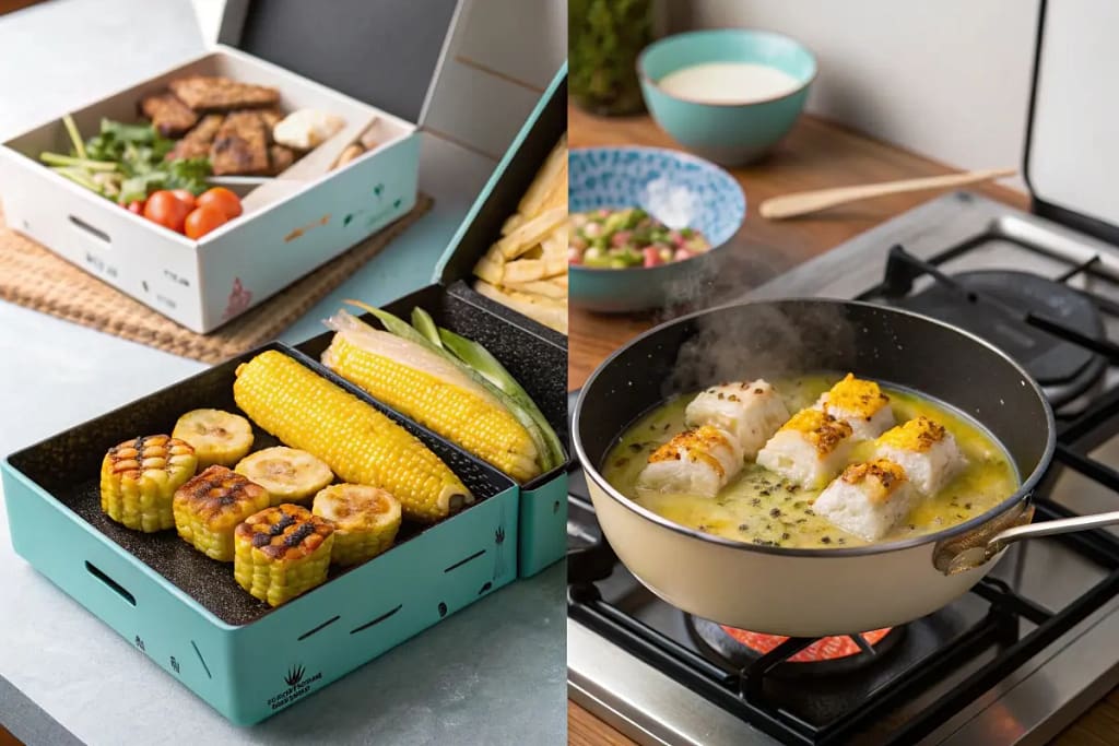 Various kitchen scenarios highlighting the versatility of Japanese corn recipes, from soup to onigiri.