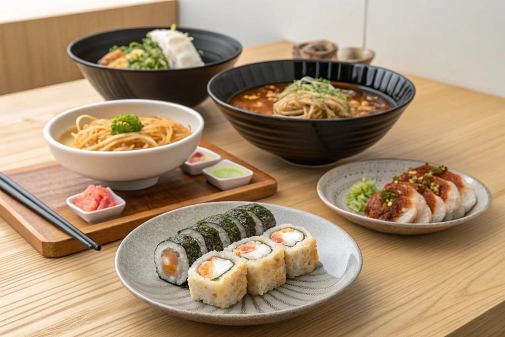 A wooden table spread with diverse Japanese dishes—vibrant sushi rolls, steaming ramen, and golden tempura, all arranged for a feast.