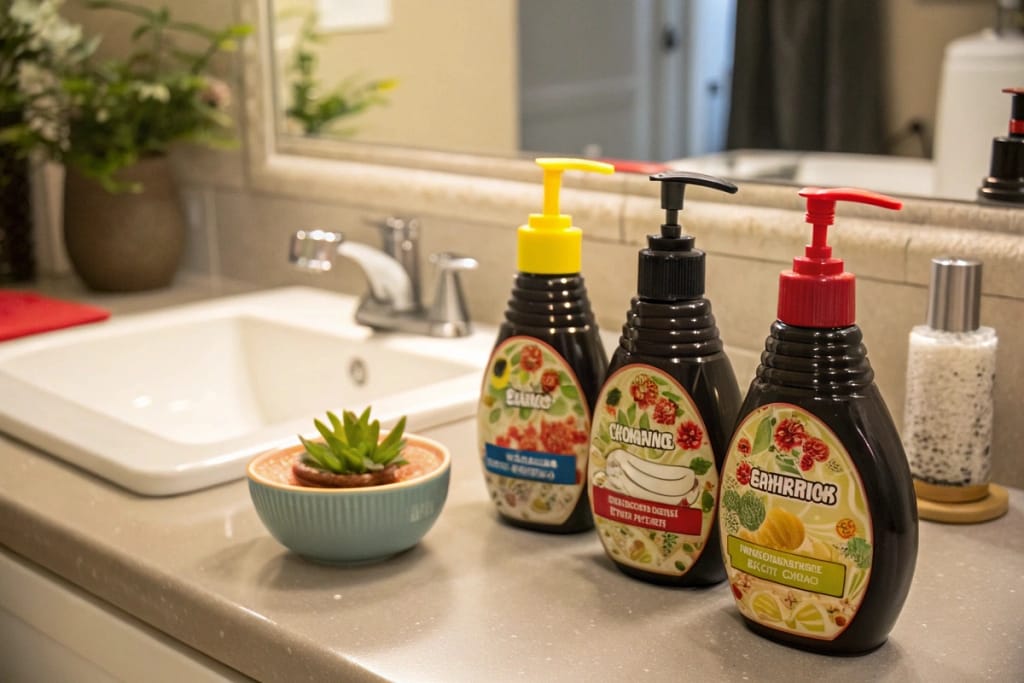 A final glimpse of varied Japanese fake food shampoo bottles, accenting a bathroom space with fun, imaginative design rooted in sampuru tradition.