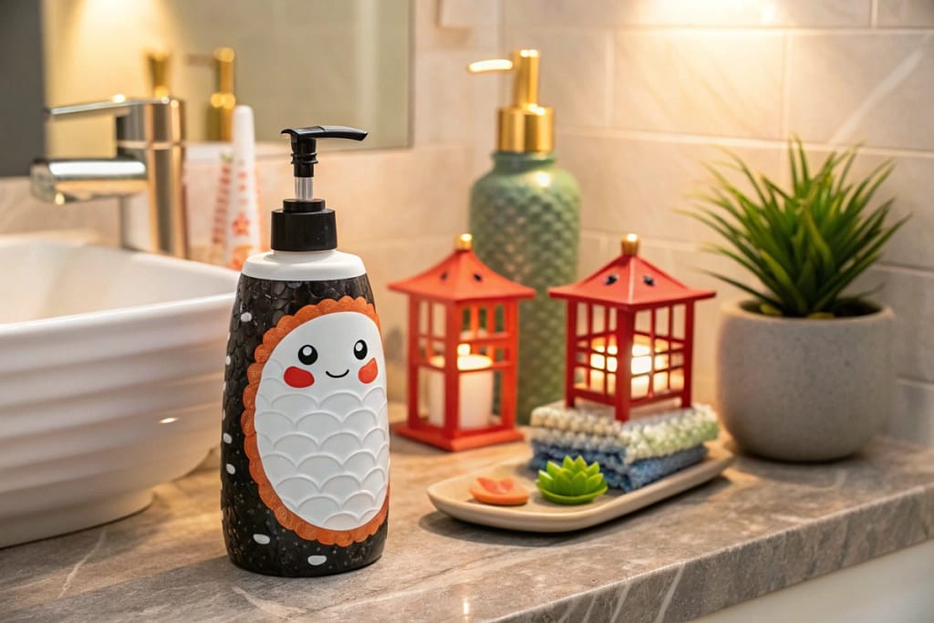 Shampoo bottle inspired by Japanese fake food culture, adding a playful twist to ordinary bathroom decor.