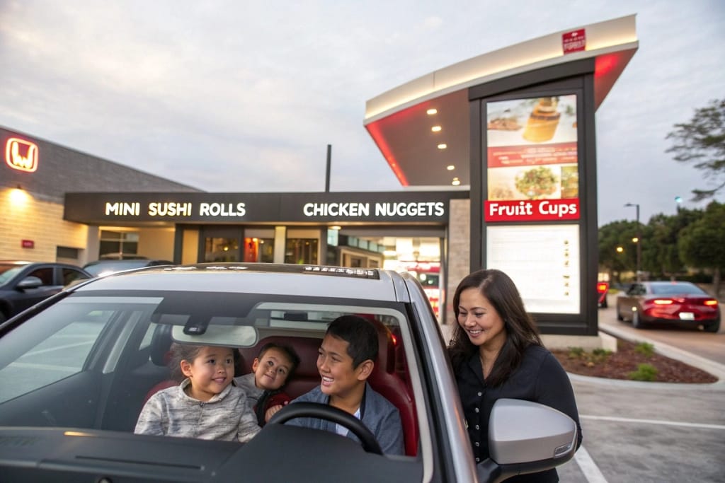 A family enjoying the convenience of a Japanese fast food drive-thru, selecting kid-friendly meal options from a digital menu.