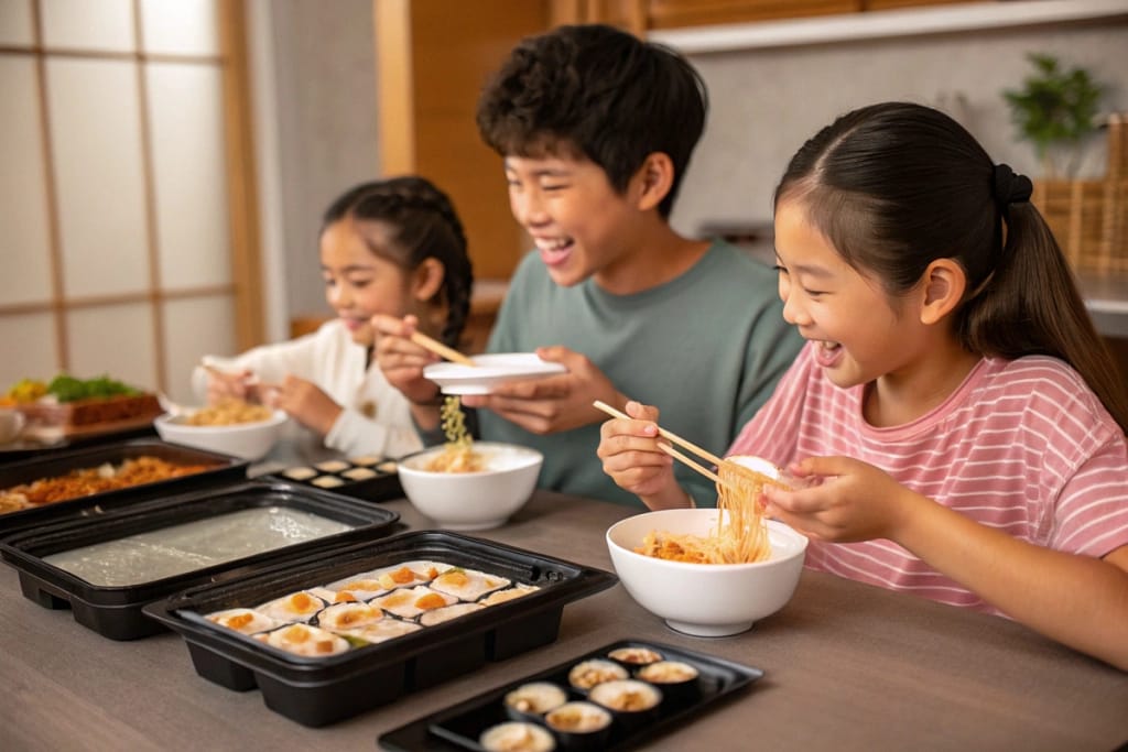 A contented family’s dining table after enjoying a variety of Japanese fast food meals, symbolizing a fulfilling and enjoyable dining experience.