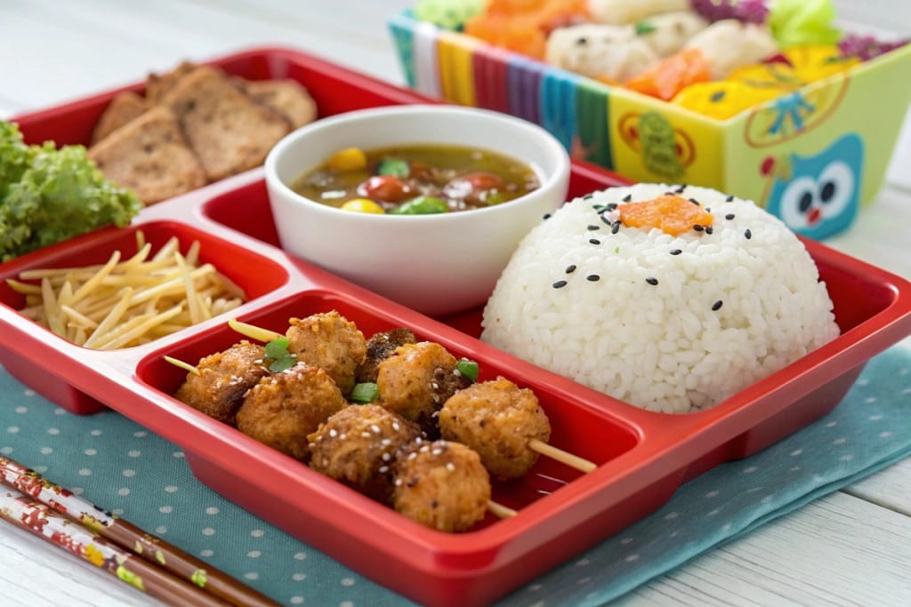 Colorful and appealing Japanese fast food meal for kids, featuring mini onigiri, chicken teriyaki, ramen, and vegetable tempura.