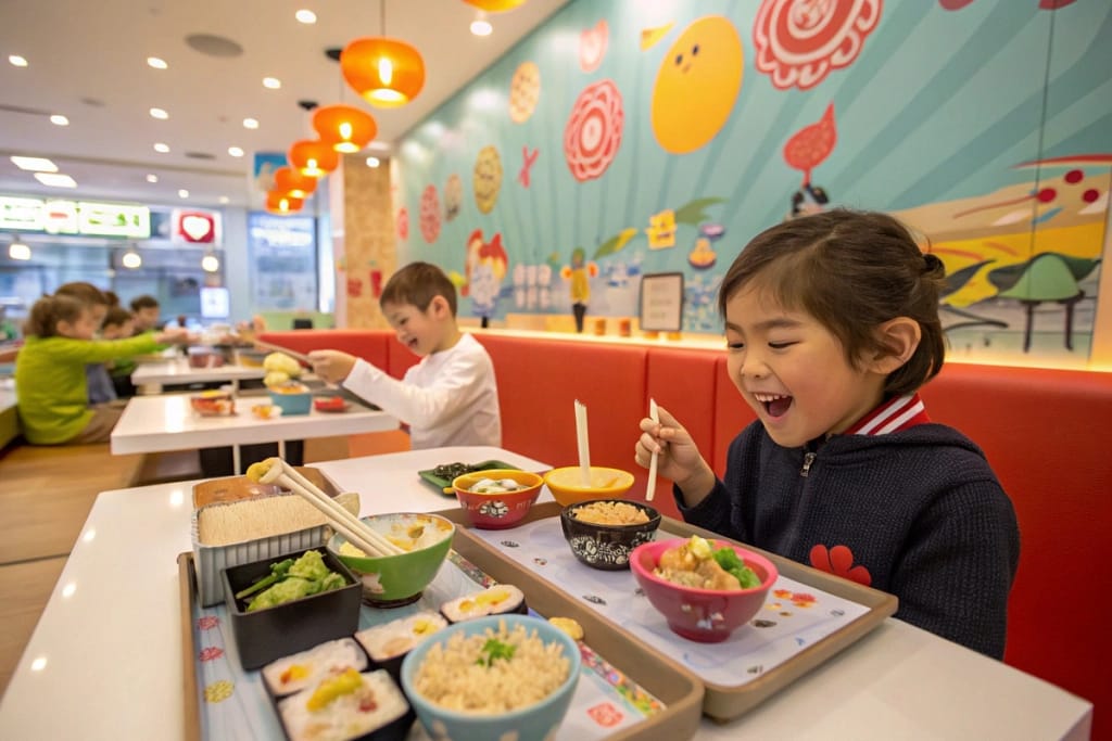 Children enjoying a variety of Japanese fast food options in a vibrant and family-friendly restaurant setting.