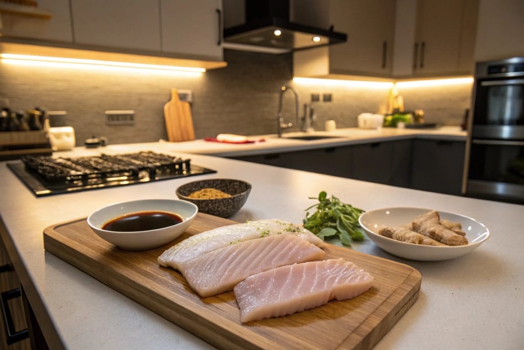 Fresh fish fillets, miso paste, soy sauce, and spices set up in a bright Japanese kitchen for preparing Japanese fish recipes.