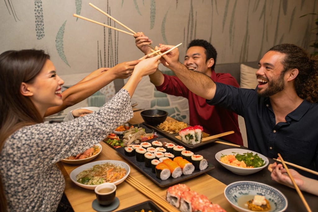 A group of friends cheerfully lifting their chopsticks to share a feast of sushi, tempura, and noodles, symbolizing a successful culinary journey.