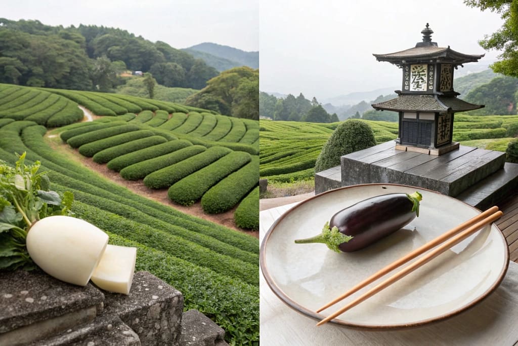 A moodboard capturing Japanese culinary ethos: minimalism, nature reverence, and seasonality, represented by produce, tea fields, and serene aesthetics.