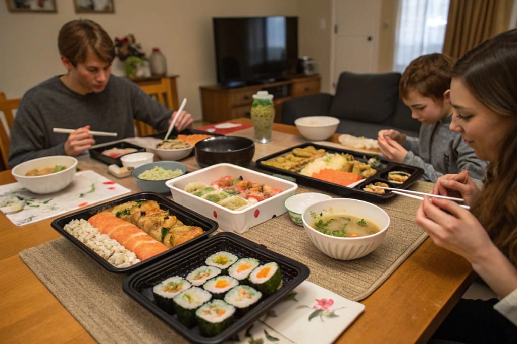 A family gathering around a table covered with diverse Japanese takeout dishes, sharing sushi, bento boxes, and warm soup.