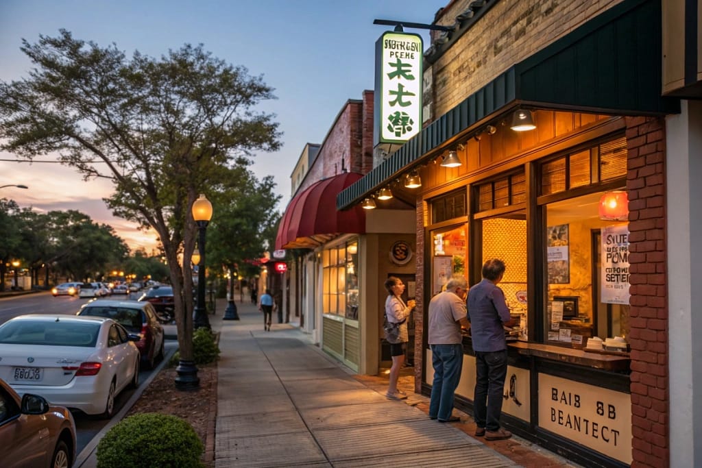 A bustling evening view of a Japanese eatery in Fayetteville, NC, inviting passersby to explore its menu of sushi, ramen, and more.