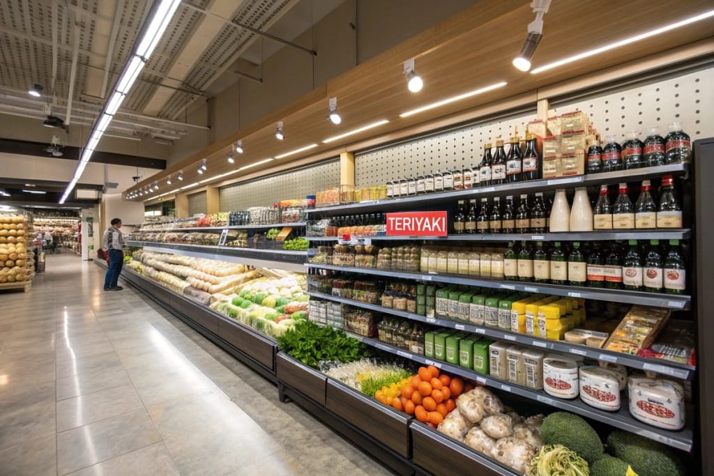 A section of a typical U.S. grocery store offering Japanese cooking essentials, reflecting the blend of tradition and local needs.