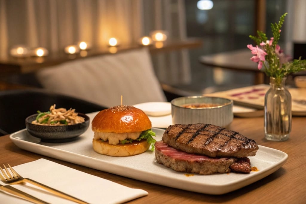 A comforting dinner scene pairing a real Japanese steak dish with a completed mini hamburger candy kit, bridging authentic cuisine and whimsical creativity.