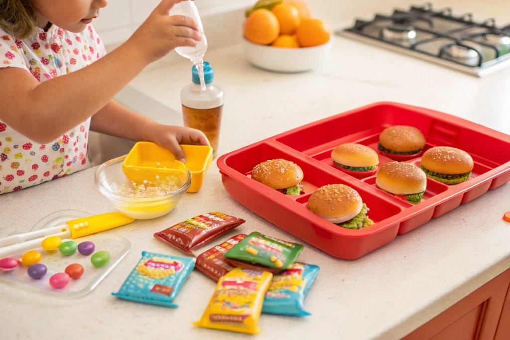 A fun kitchen scene showing the initial unboxing of a Japanese hamburger candy kit, complete with colorful packets and a plastic tray.