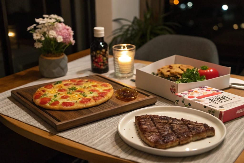 A warm, inviting table setting that displays a half-finished mini pizza kit next to a real Japanese steak, embodying a fun contrast of playful candy vs. gourmet cooking.