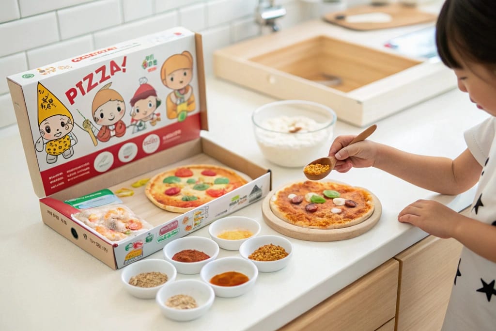 An open Japanese pizza kit with colorful packaging and mini bowls of candy powders, evoking a playful, hands-on cooking experience.