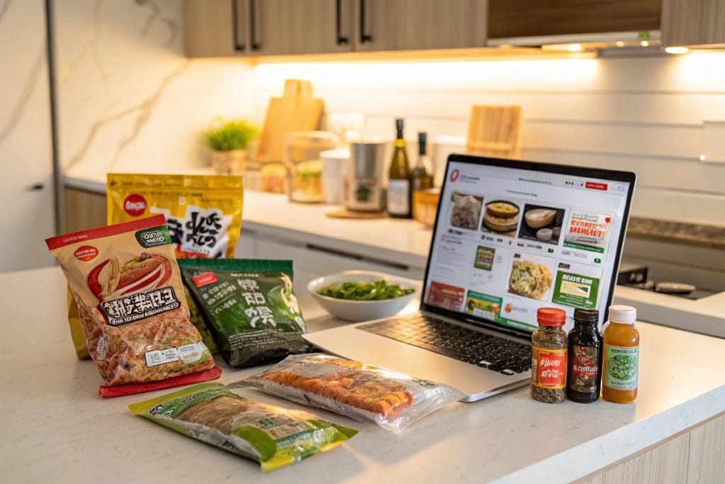 Online Japanese grocery haul displayed on a modern kitchen counter, symbolizing the convenience and variety of japanese food online shopping.