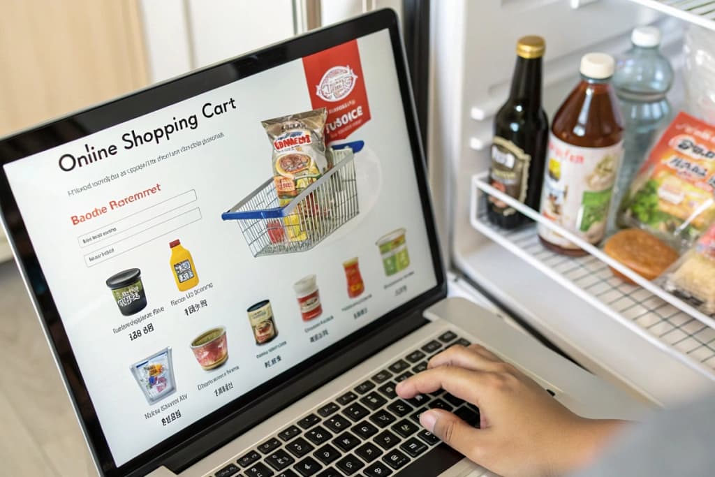 Online shopping cart filled with essential Japanese groceries, capturing the convenience and accessibility of japanese food online purchases.