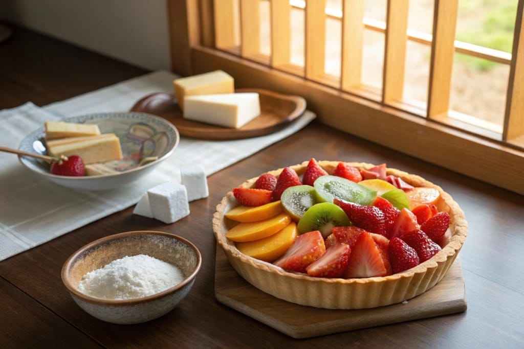 A vibrant array of sliced fruits and pie crust ingredients on a Japanese kitchen table, ready for a fruit pie.