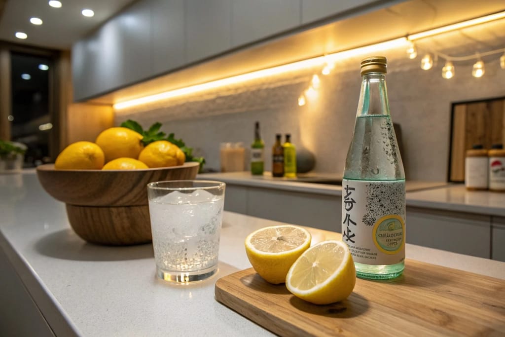 A glass with ice, shochu, fresh lemon halves, and sparkling water arranged on a kitchen counter for making a Japanese lemon sour.