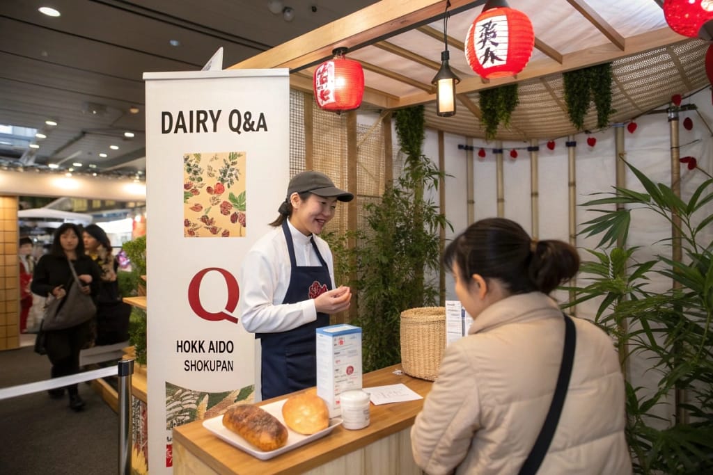 A friendly Q&A booth showcasing iconic milk products—Hokkaido milk and Shokupan—representing common questions about Japanese dairy.