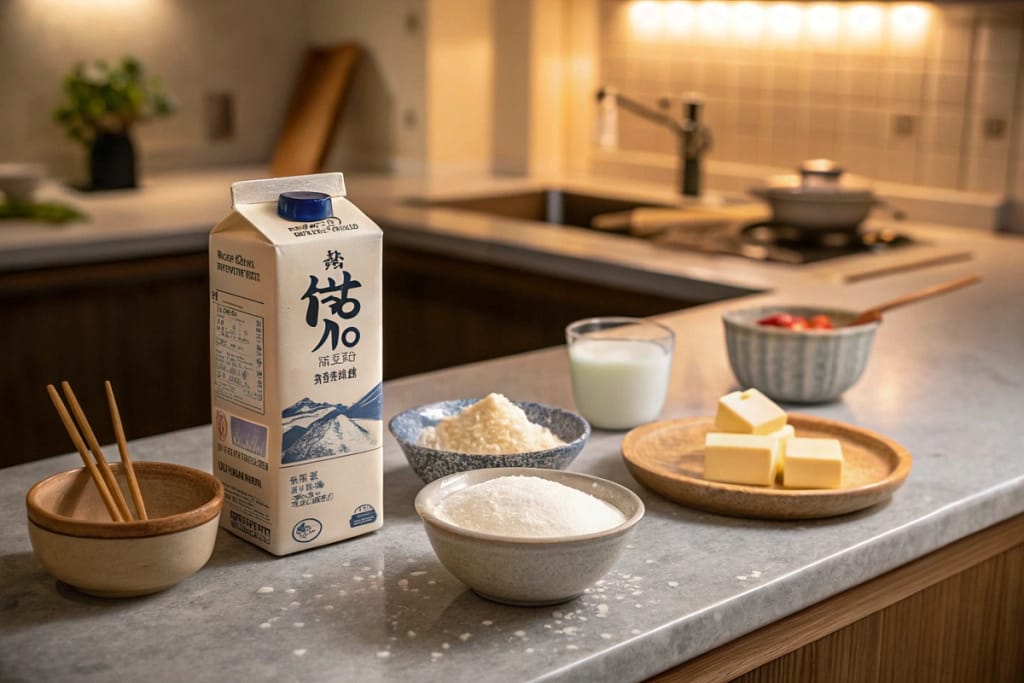 A cozy Japanese kitchen scene displaying Hokkaido milk alongside basic baking ingredients, reflecting how milk integrates into daily cooking.